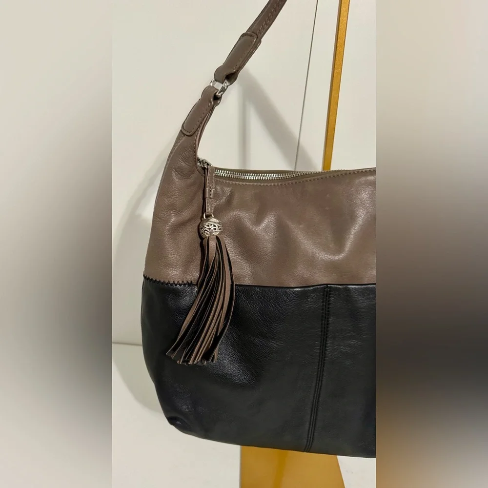 Authentic Brighton Brant Hobo Bag Black and Mink Leather With Decorative Tassel